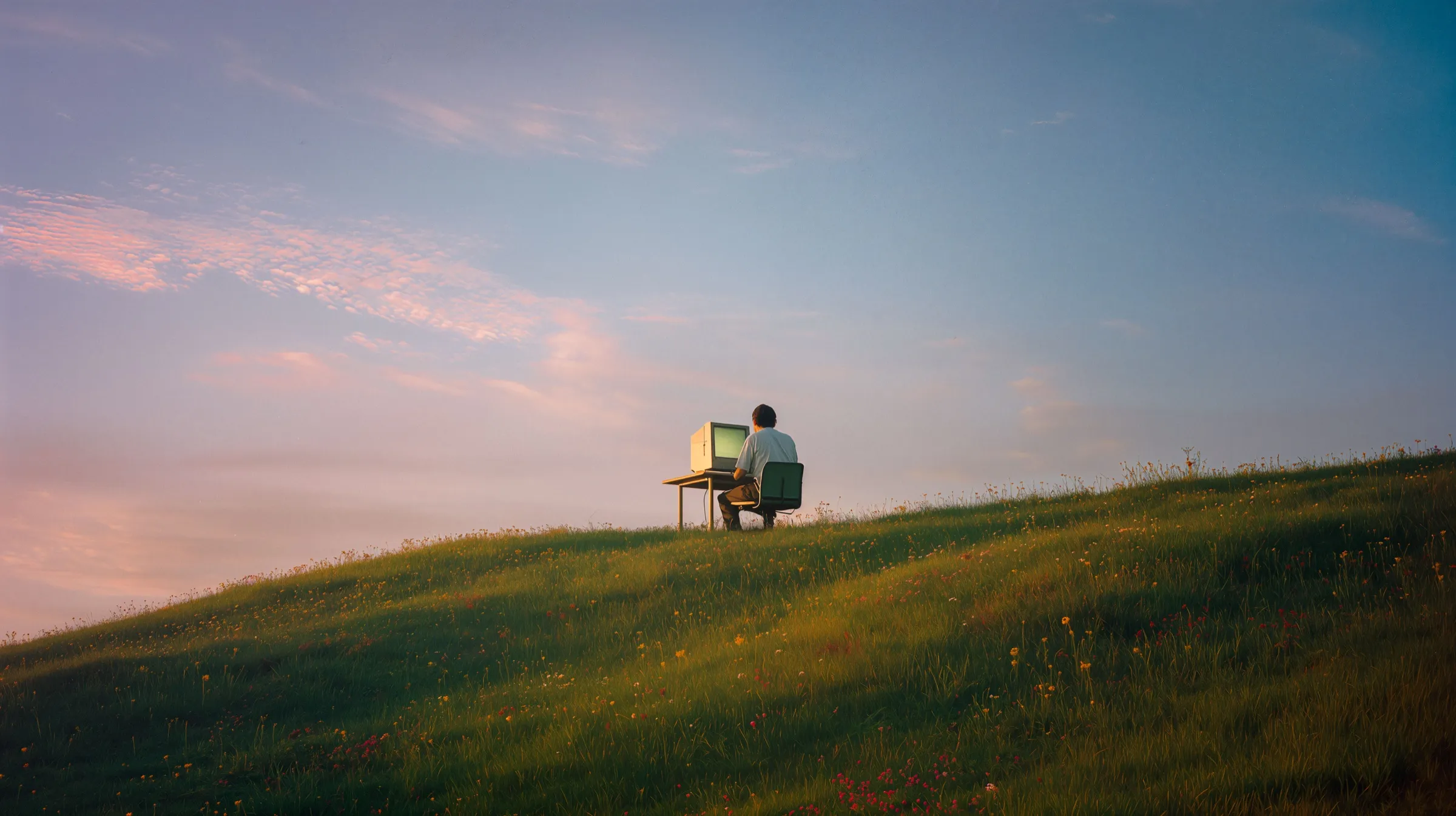 A person working at a retro computer on a meadow at dusk, from the Pillo website